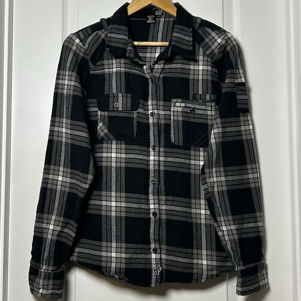 Fox Racing Long Sleeve Button Up Black and Gray Flannel Shirt Motorsports Style